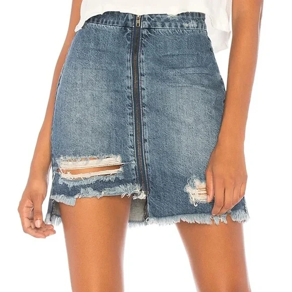 Free People x One Teaspoon Vixen High Waist Distressed A Line Oxford Denim Skirt - Picture 2 of 12